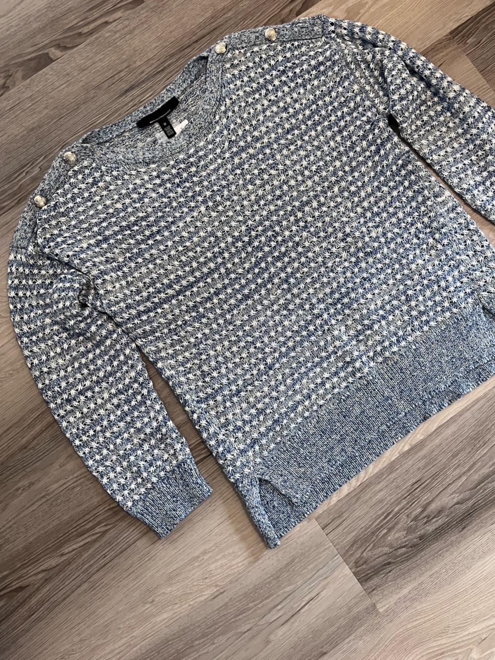 White House Black Market Blue and White Knit Button-Shoulder Sweater